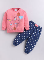 Coral & Navy Animal Print Sweatshirt & Jogger Set, Full Sleeves, 100% Cotton