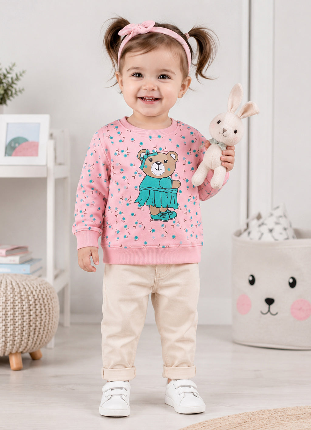 Pink Floral Print Sweatshirt, Full Sleeves, Cotton
