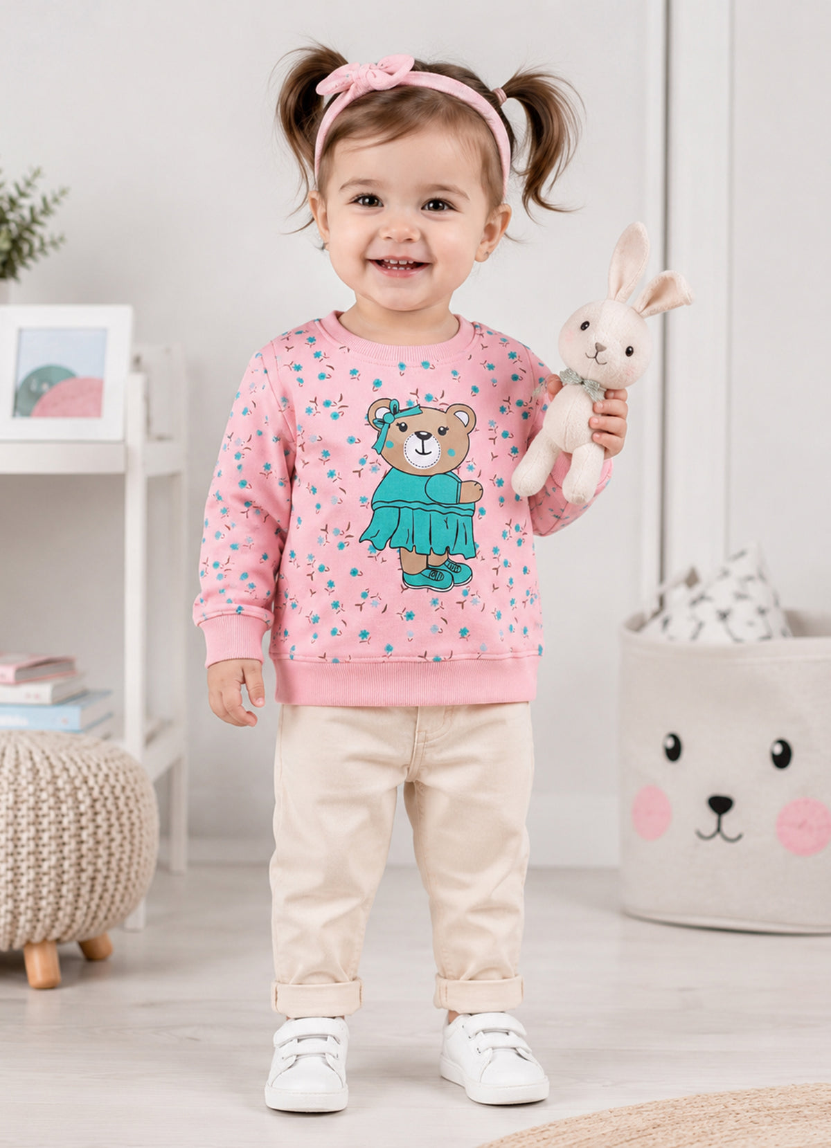 Pink Floral Print Sweatshirt, Full Sleeves, Cotton