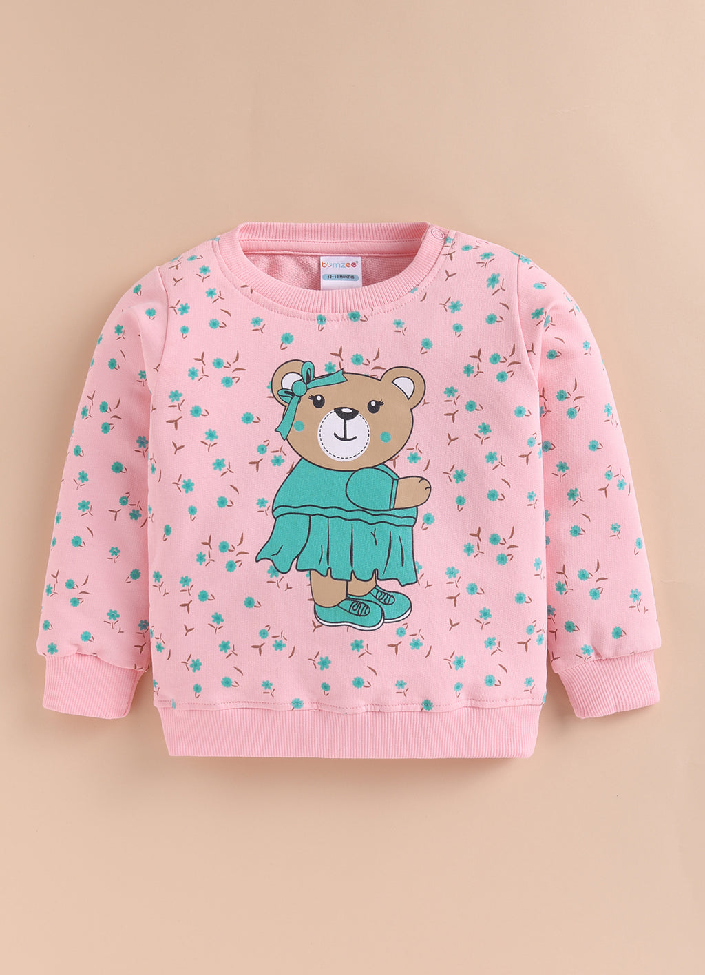 Pink Floral Print Sweatshirt, Full Sleeves, Cotton