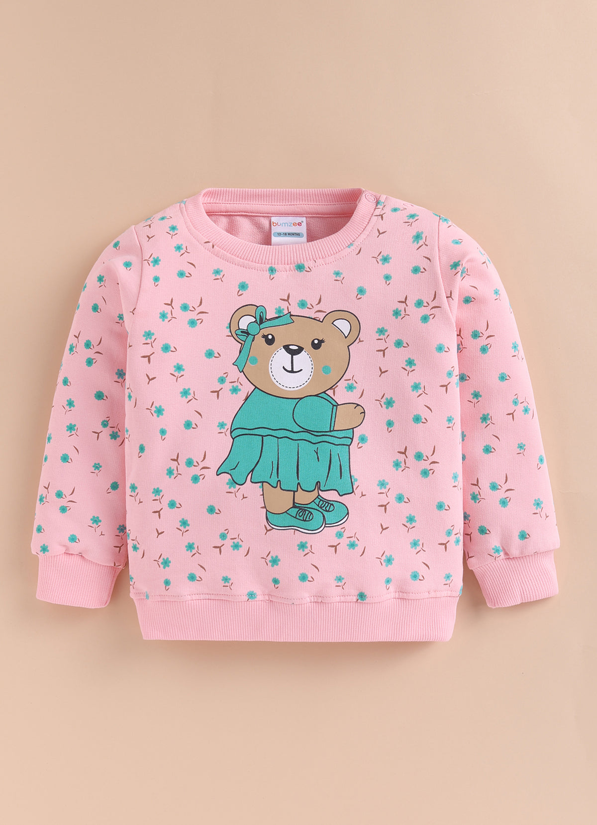 Pink Floral Print Sweatshirt, Full Sleeves, Cotton