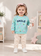 Mint Green Floral Print Sweatshirt, Full Sleeves, Cotton