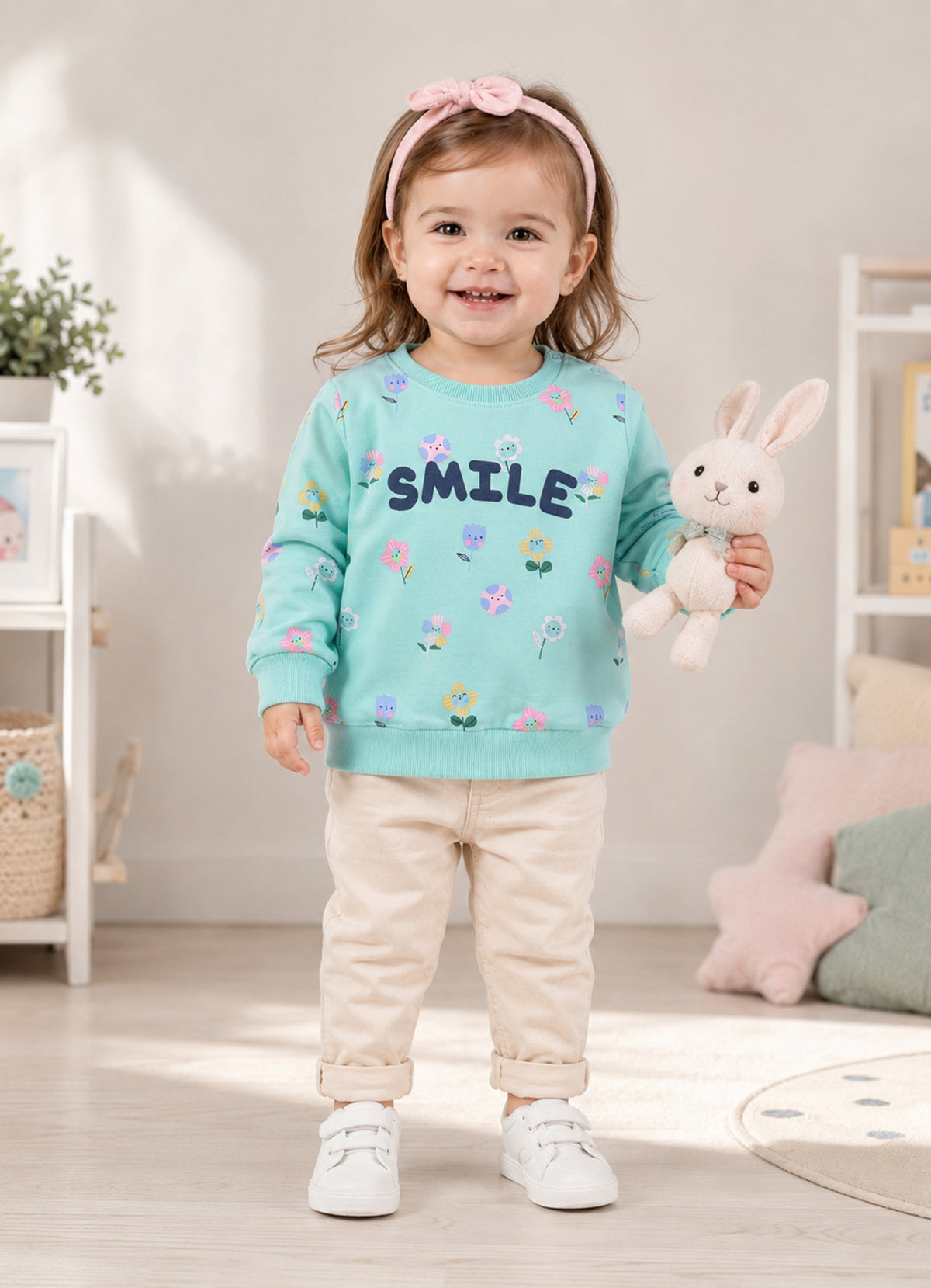Mint Green Floral Print Sweatshirt, Full Sleeves, Cotton
