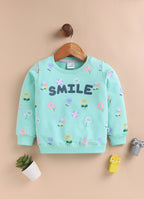 Mint Green Floral Print Sweatshirt, Full Sleeves, Cotton