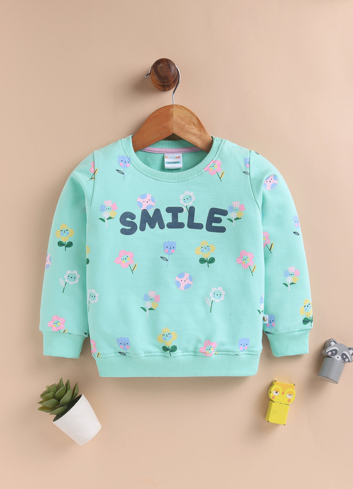 Mint Green Floral Print Sweatshirt, Full Sleeves, Cotton