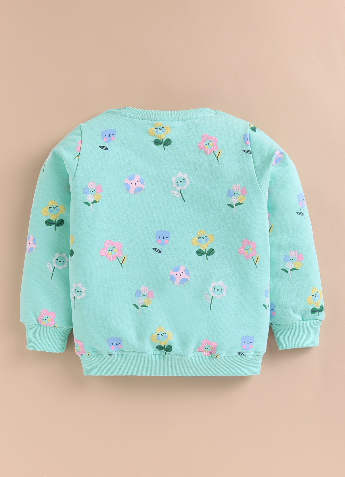 Mint Green Floral Print Sweatshirt, Full Sleeves, Cotton