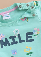 Mint Green Floral Print Sweatshirt, Full Sleeves, Cotton