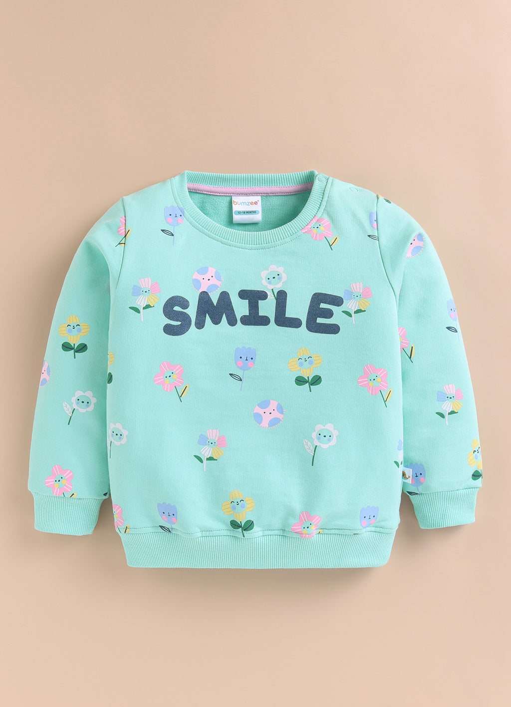 Mint Green Floral Print Sweatshirt, Full Sleeves, Cotton