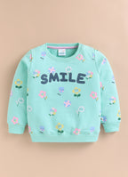 Mint Green Floral Print Sweatshirt, Full Sleeves, Cotton