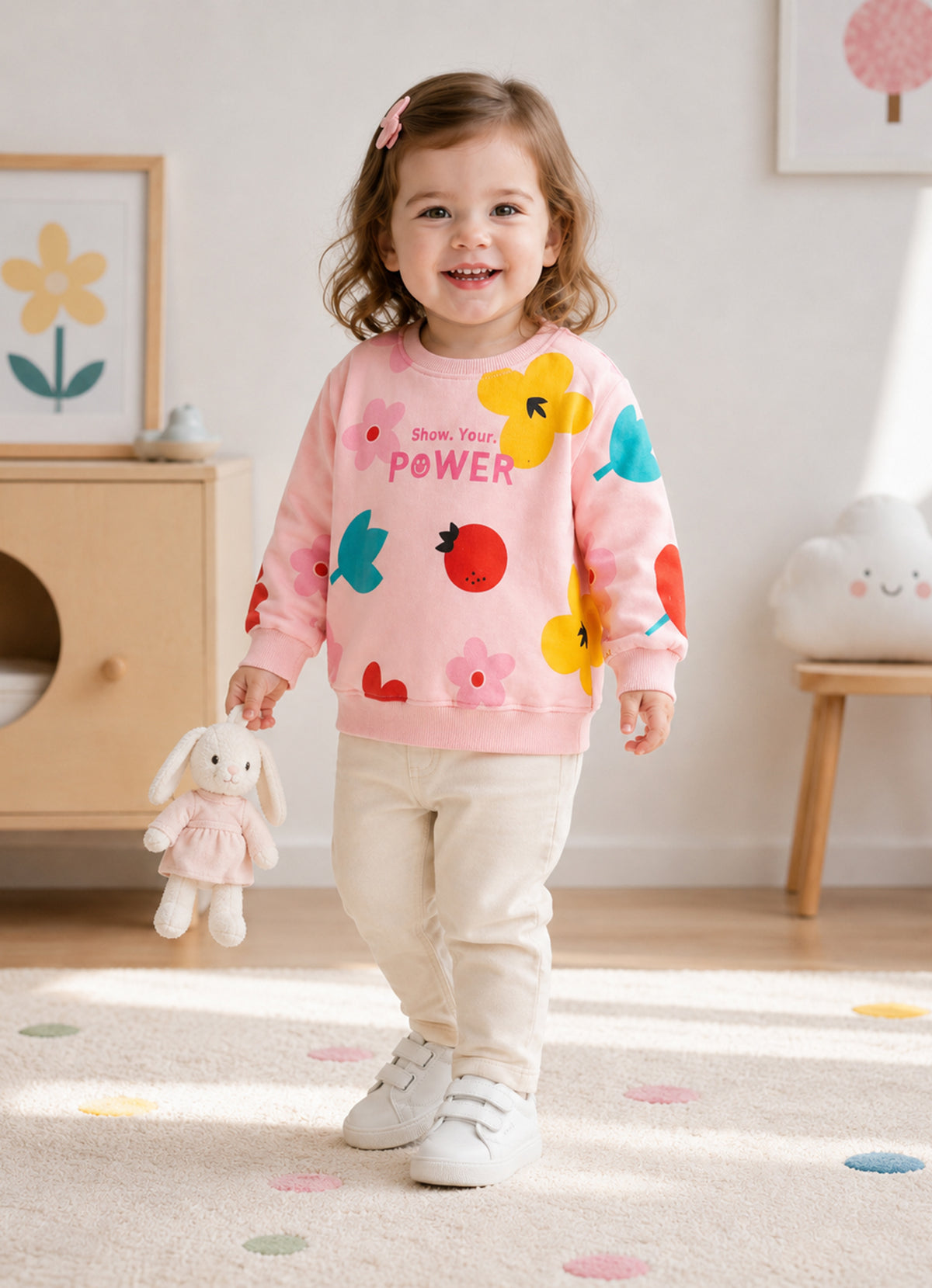 Peach Floral Print Sweatshirt, Full Sleeves, Cotton