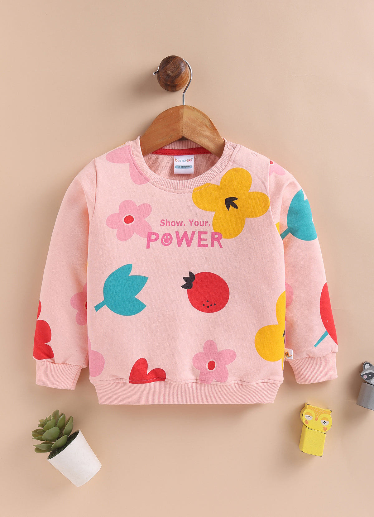 Peach Floral Print Sweatshirt, Full Sleeves, Cotton