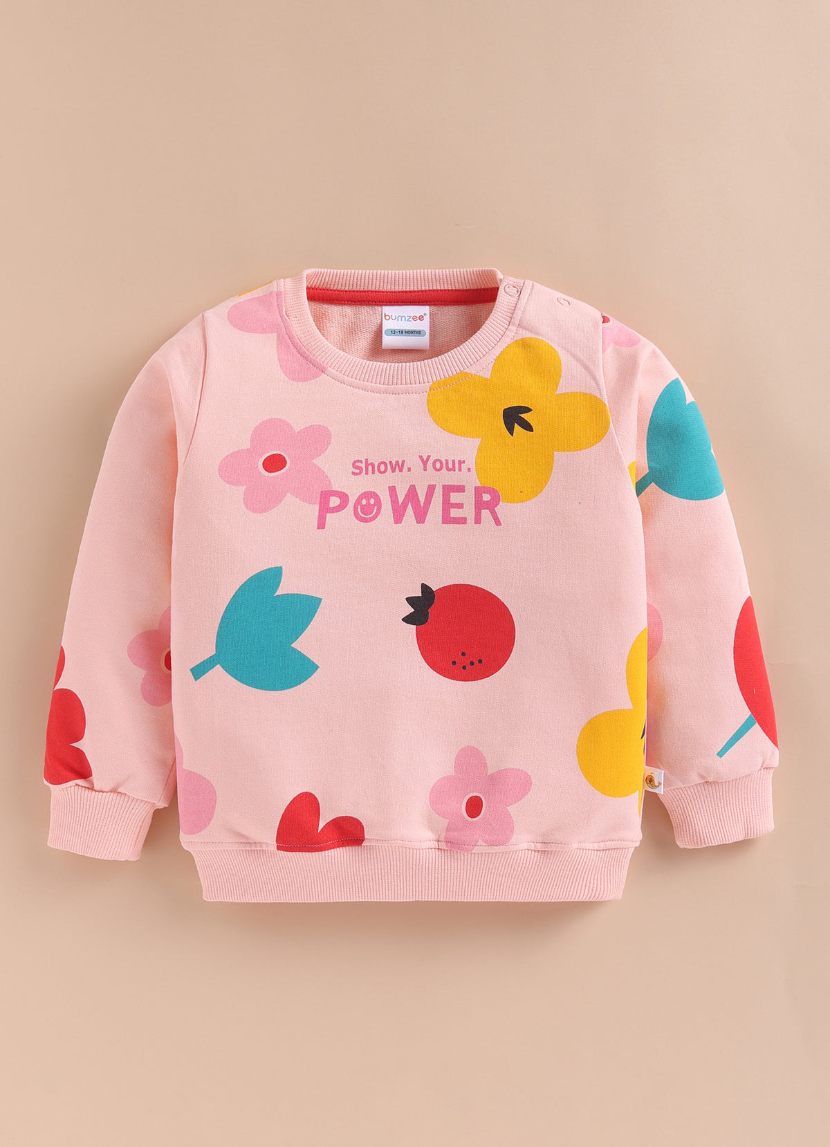 Peach Floral Print Sweatshirt, Full Sleeves, Cotton