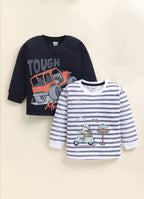 Navy & White Graphic Print T-Shirts, Pack of 2, Full Sleeves, 100% Cotton