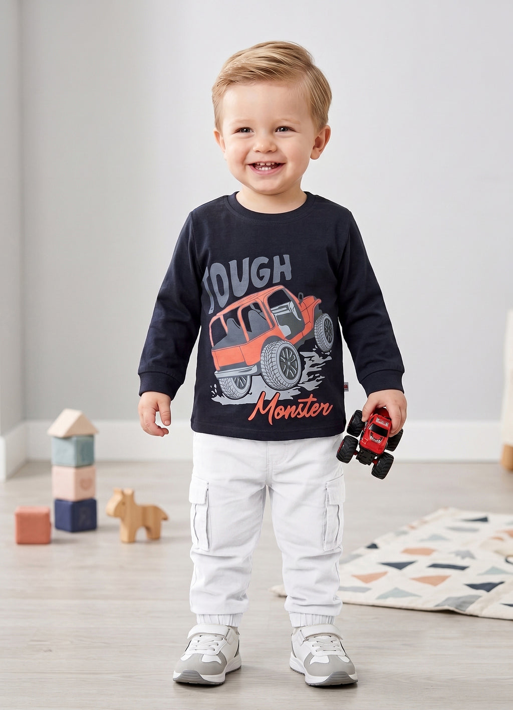 Navy & White Graphic Print T-Shirts, Pack of 2, Full Sleeves, 100% Cotton