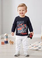 Navy & White Graphic Print T-Shirts, Pack of 2, Full Sleeves, 100% Cotton