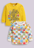 Yellow & Beige Graphic Print T-Shirts, Pack of 2, Full Sleeves, 100% Cotton