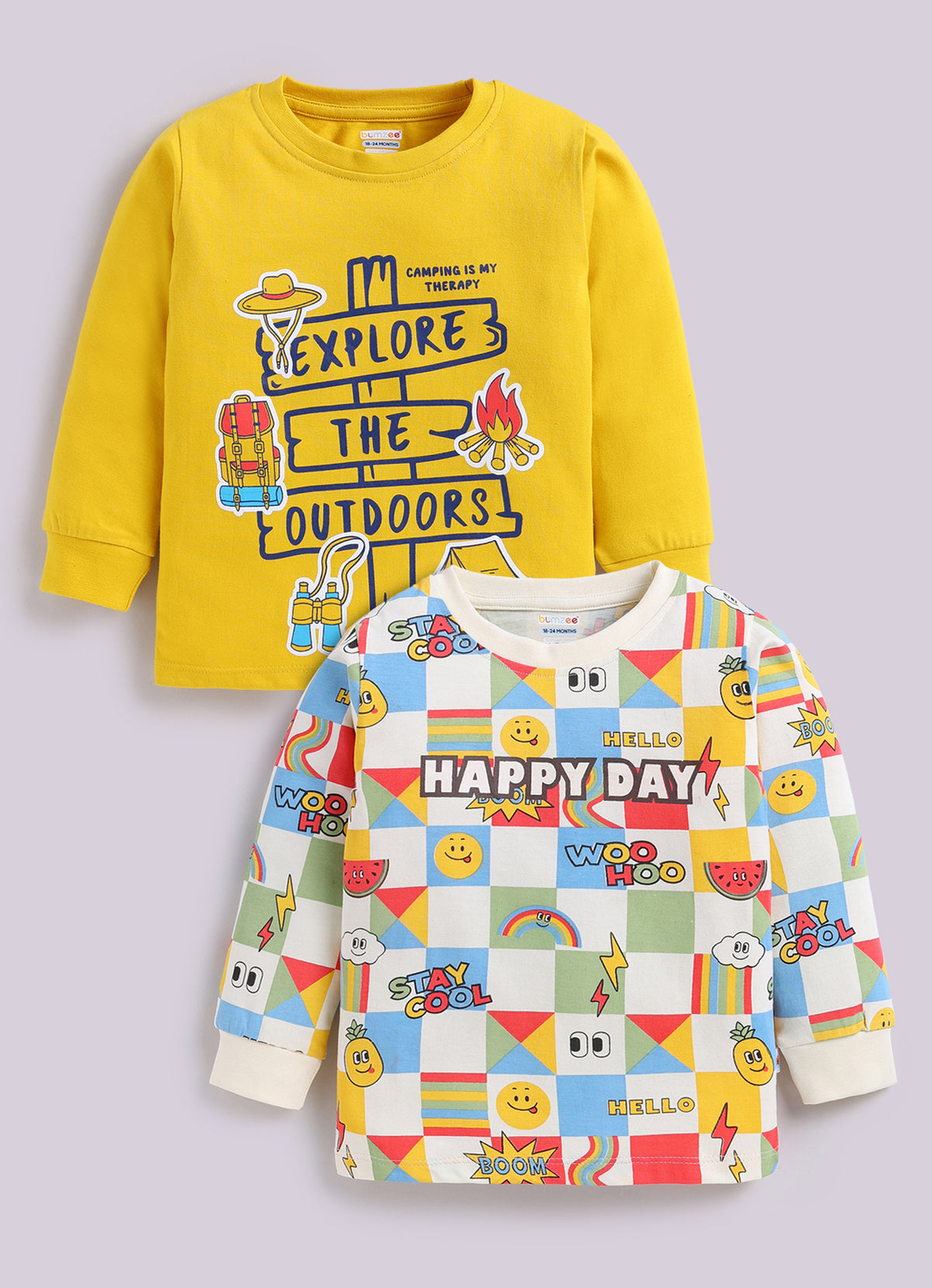 Yellow & Beige Graphic Print T-Shirts, Pack of 2, Full Sleeves, 100% Cotton
