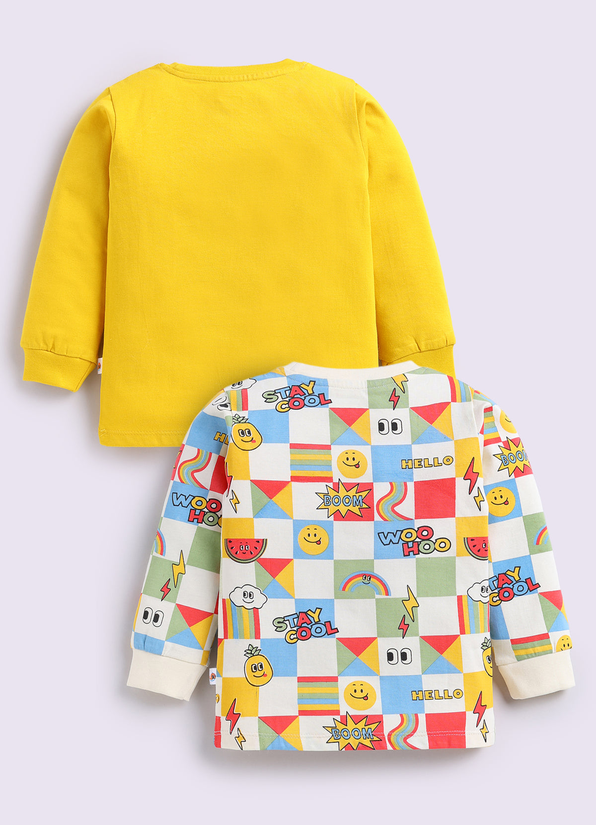 Yellow & Beige Graphic Print T-Shirts, Pack of 2, Full Sleeves, 100% Cotton