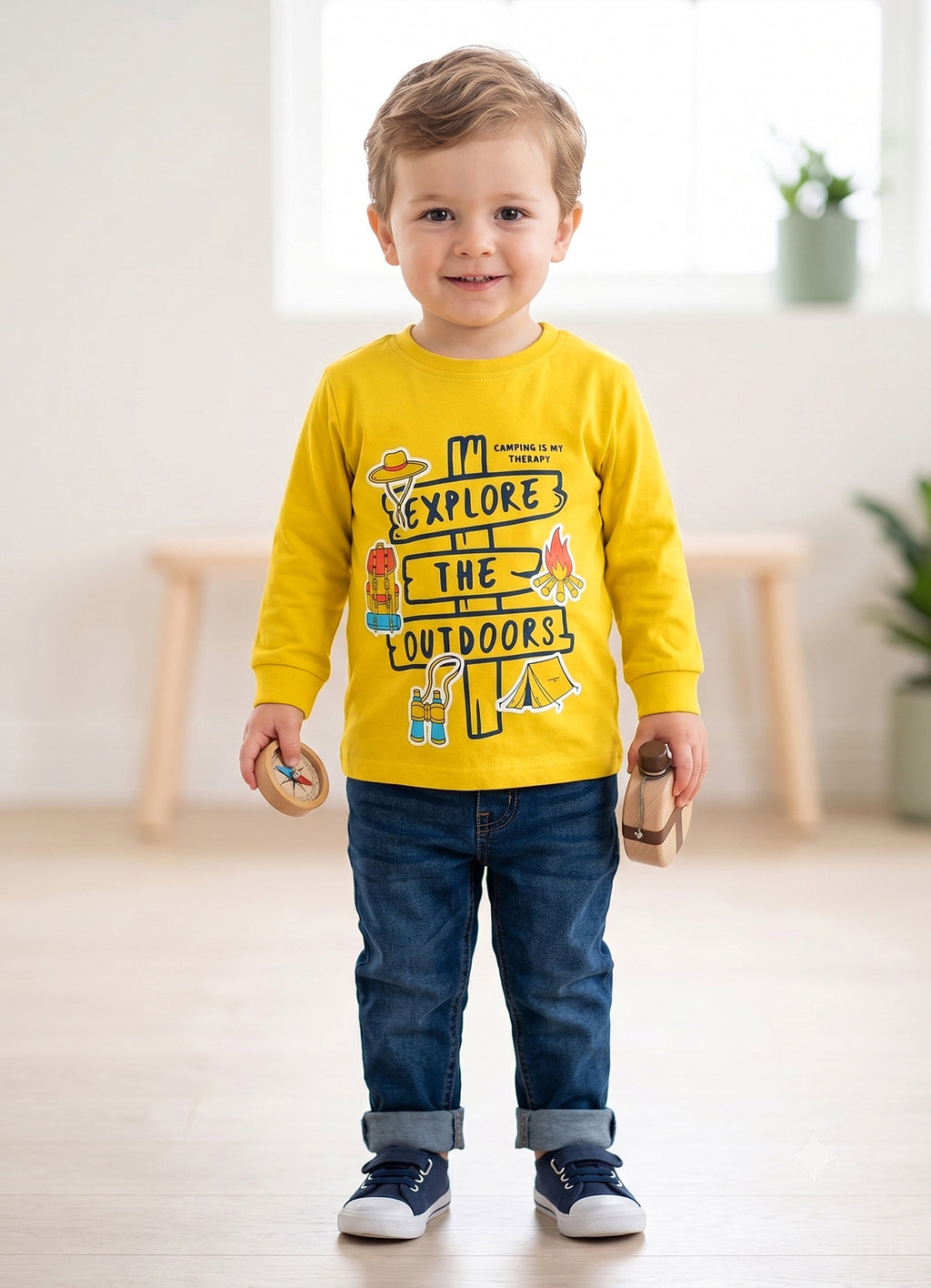 Yellow & Beige Graphic Print T-Shirts, Pack of 2, Full Sleeves, 100% Cotton