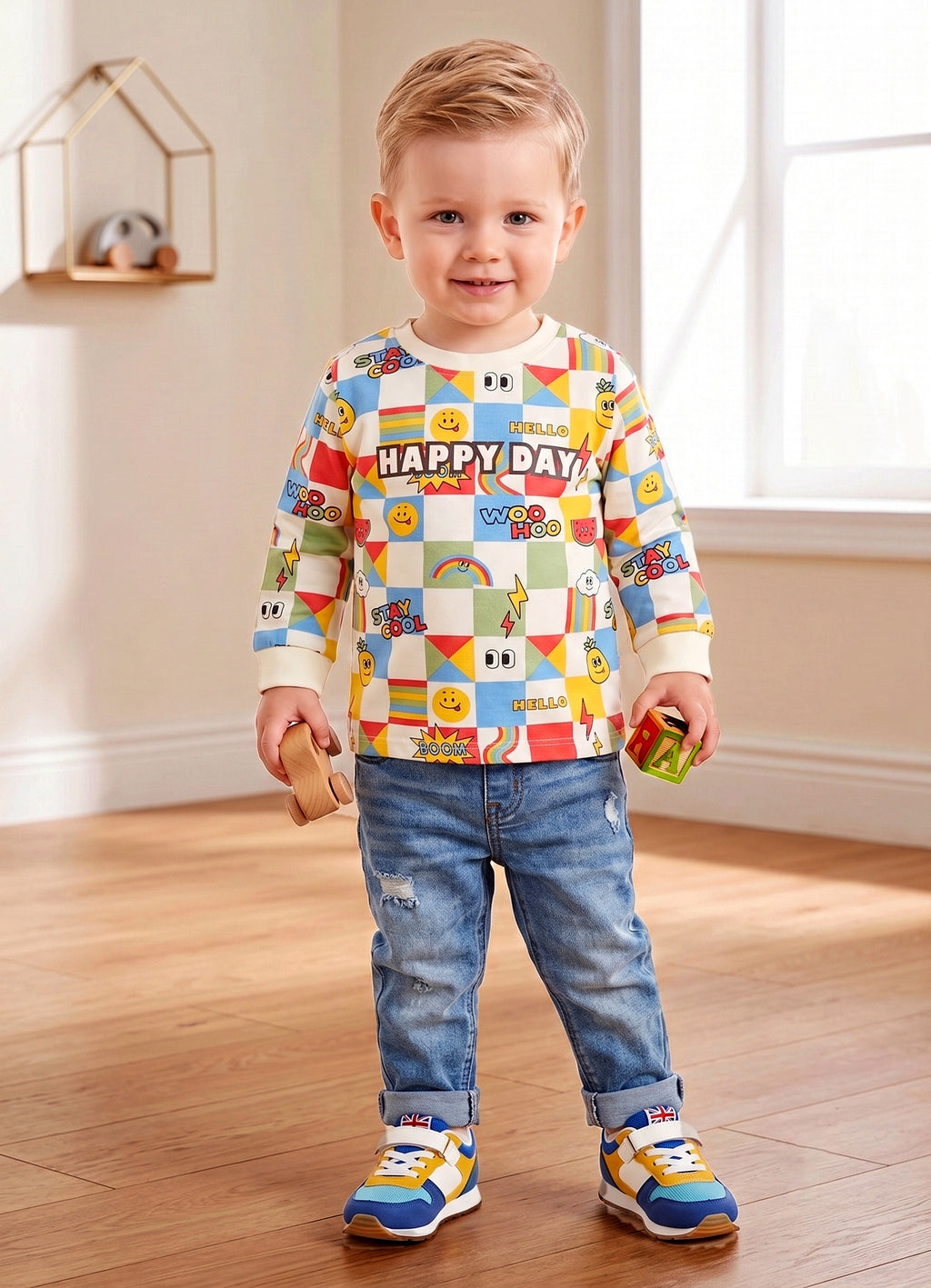 Yellow & Beige Graphic Print T-Shirts, Pack of 2, Full Sleeves, 100% Cotton