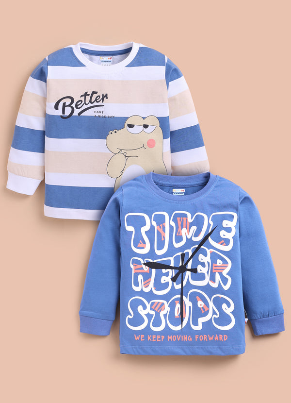 Blue & White Animal Print T-Shirts, Pack of 2, Full Sleeves, 100% Cotton