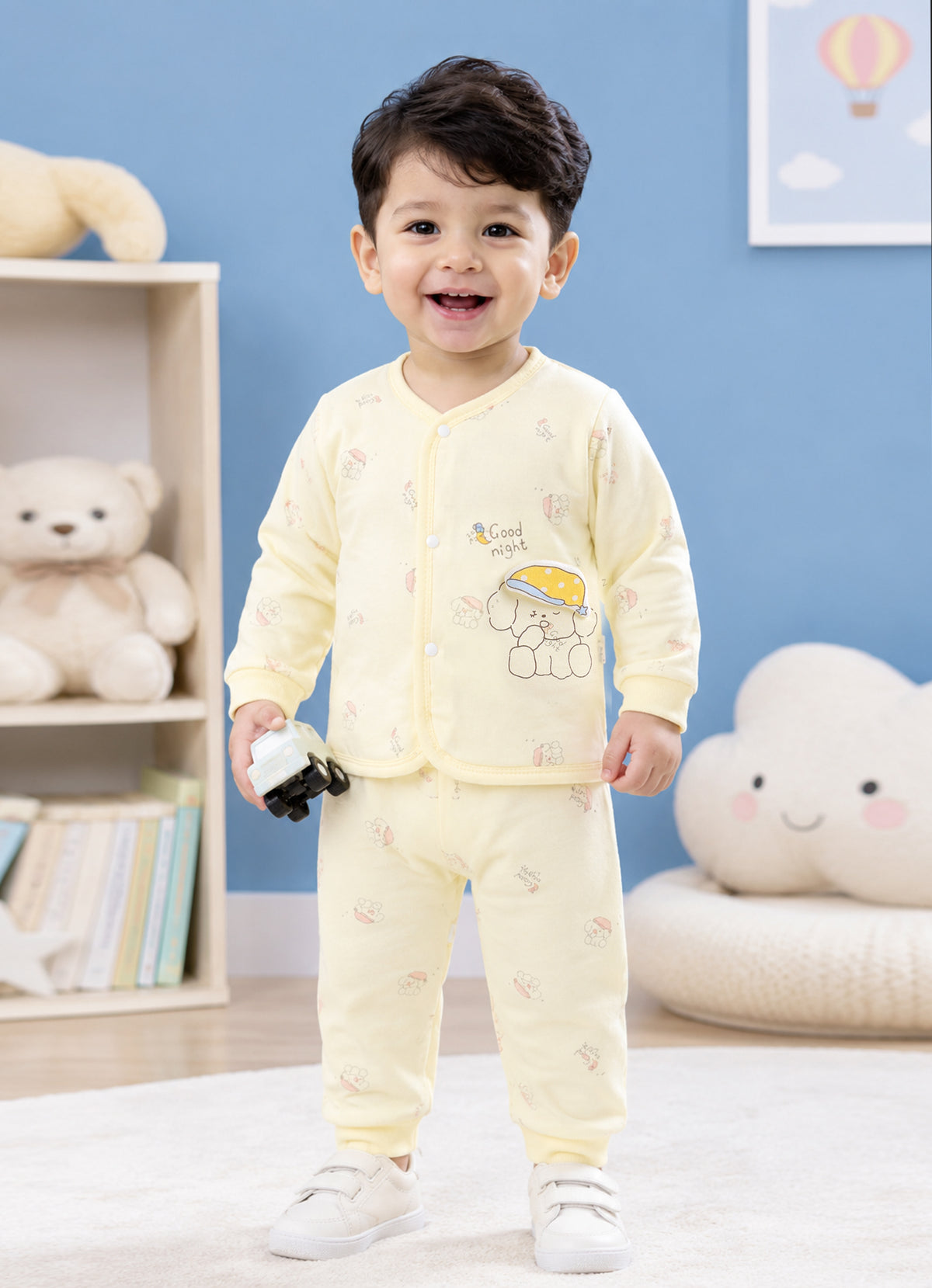 Yellow Animal Print Padded Jabla & Pyjama Set, Cotton Blend Polyfill