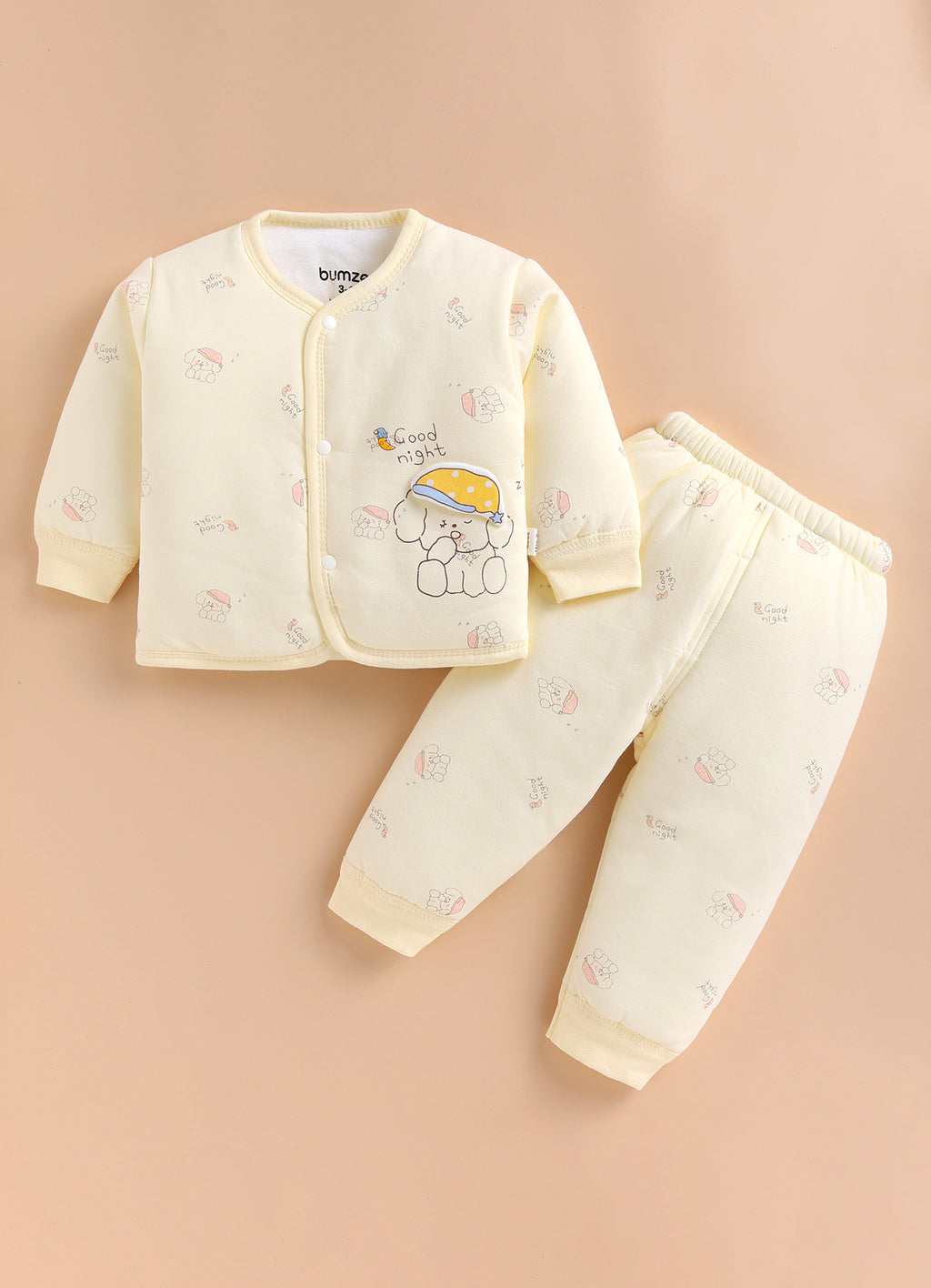 Yellow Animal Print Padded Jabla & Pyjama Set, Cotton Blend Polyfill
