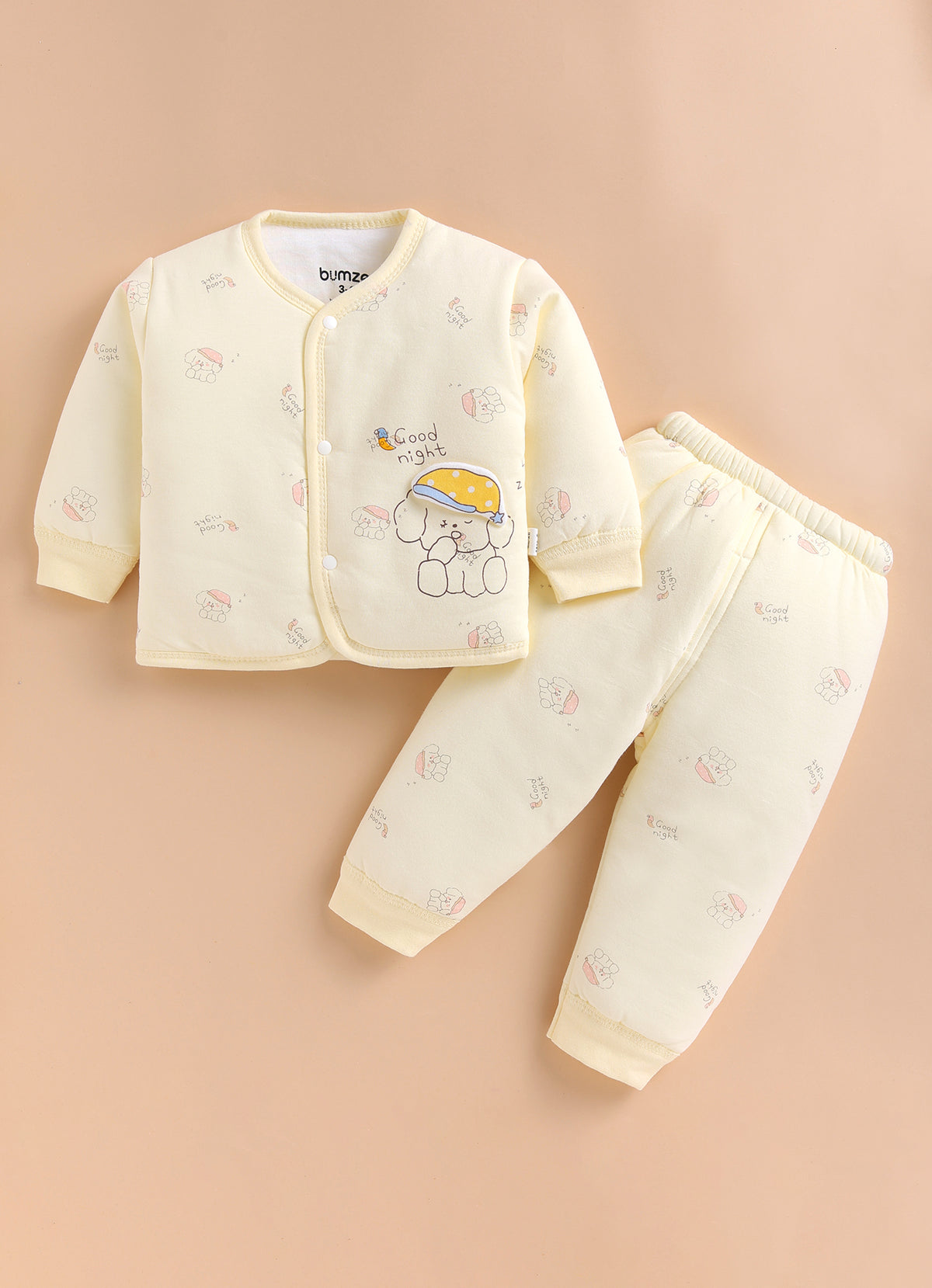 Yellow Animal Print Padded Jabla & Pyjama Set, Cotton Blend Polyfill
