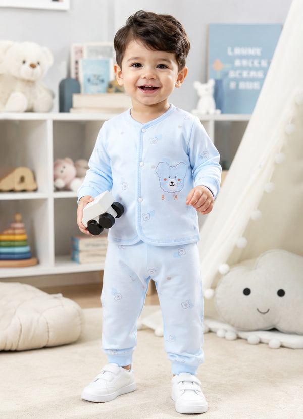 Sky Blue Animal Print Padded Jabla & Pyjama Set, Cotton Blend Polyfill