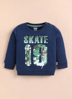 Navy & Green Graphic Print Sweatshirt & Jogger Set, Full Sleeves, 100% Cotton