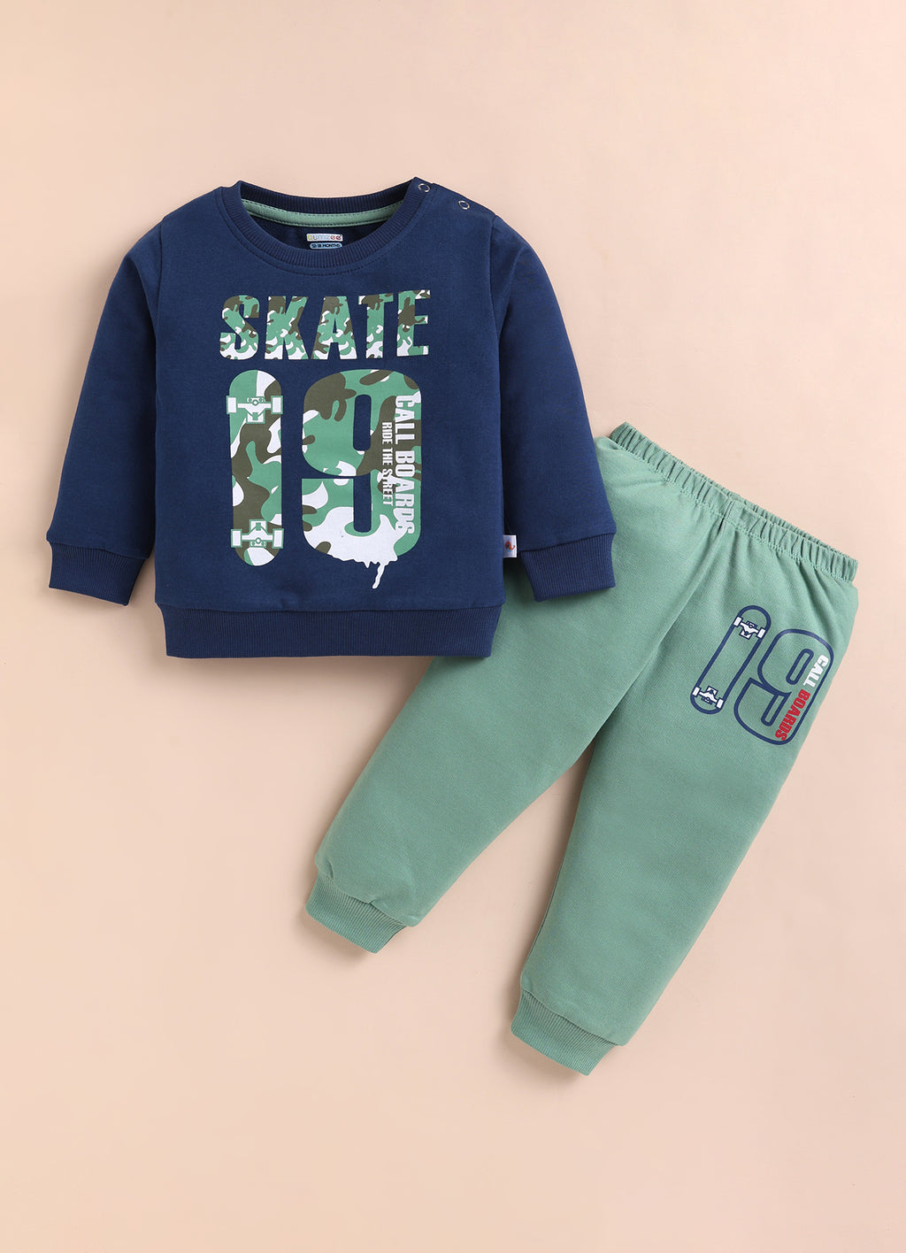 Navy & Green Graphic Print Sweatshirt & Jogger Set, Full Sleeves, 100% Cotton