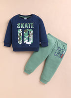 Navy & Green Graphic Print Sweatshirt & Jogger Set, Full Sleeves, 100% Cotton