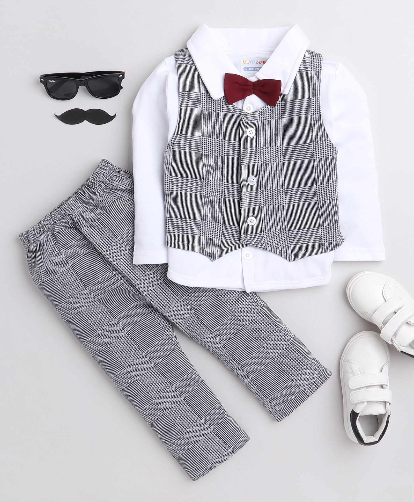 BUMZEE Grey & White Boys Full Sleeves Shirt Waistcoat & Pant Set With Applique Bow