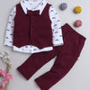 BUMZEE Maroon & White Boys Full Sleeves Shirt Waistcoat & Pant Set With Applique Bow