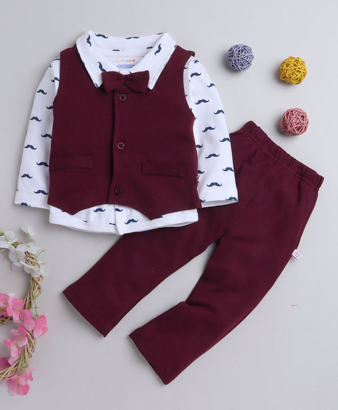 BUMZEE Maroon & White Boys Full Sleeves Shirt Waistcoat & Pant Set With Applique Bow