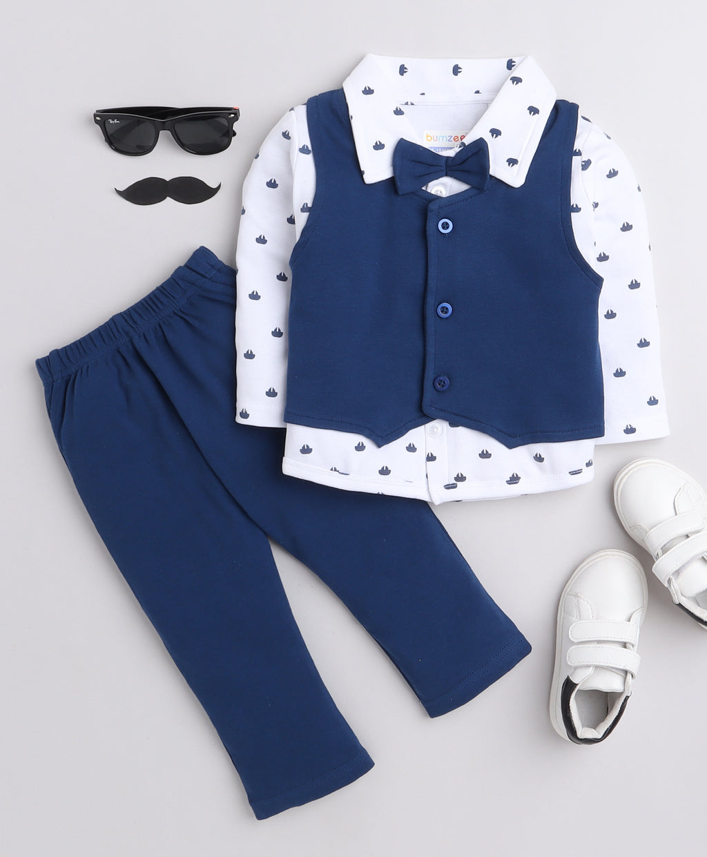 Bumzee Navy & White Formal Set, Full Sleeves, 100% Cotton