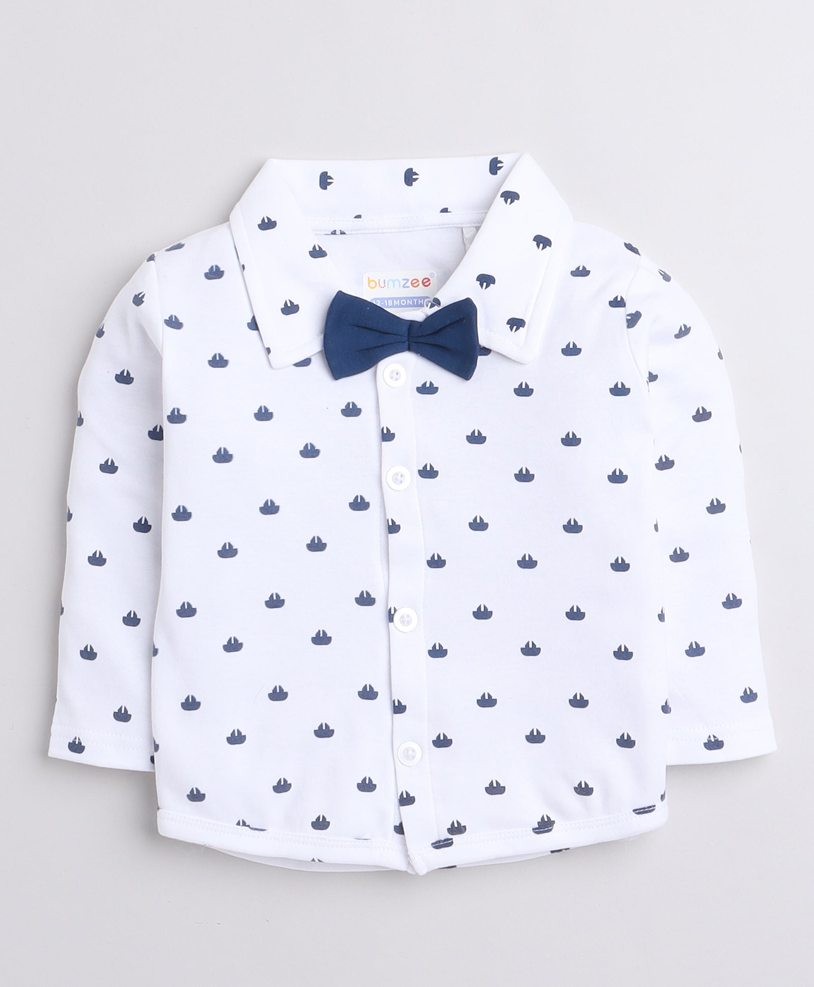 BUMZEE Navy & White Boys Full Sleeves Shirt Waistcoat & Pant Set With Applique Bow