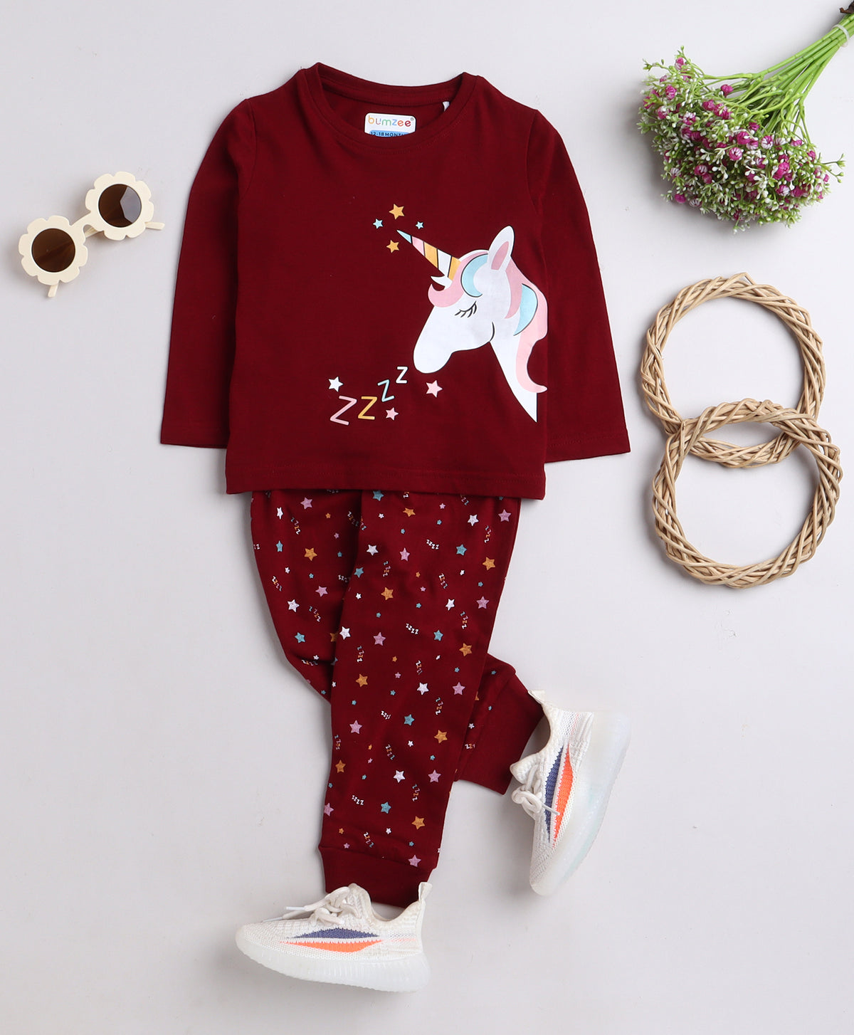 Bumzee Maroon Unicorn Print T-Shirt & Pyjama Set, Full Sleeves, 100% Cotton