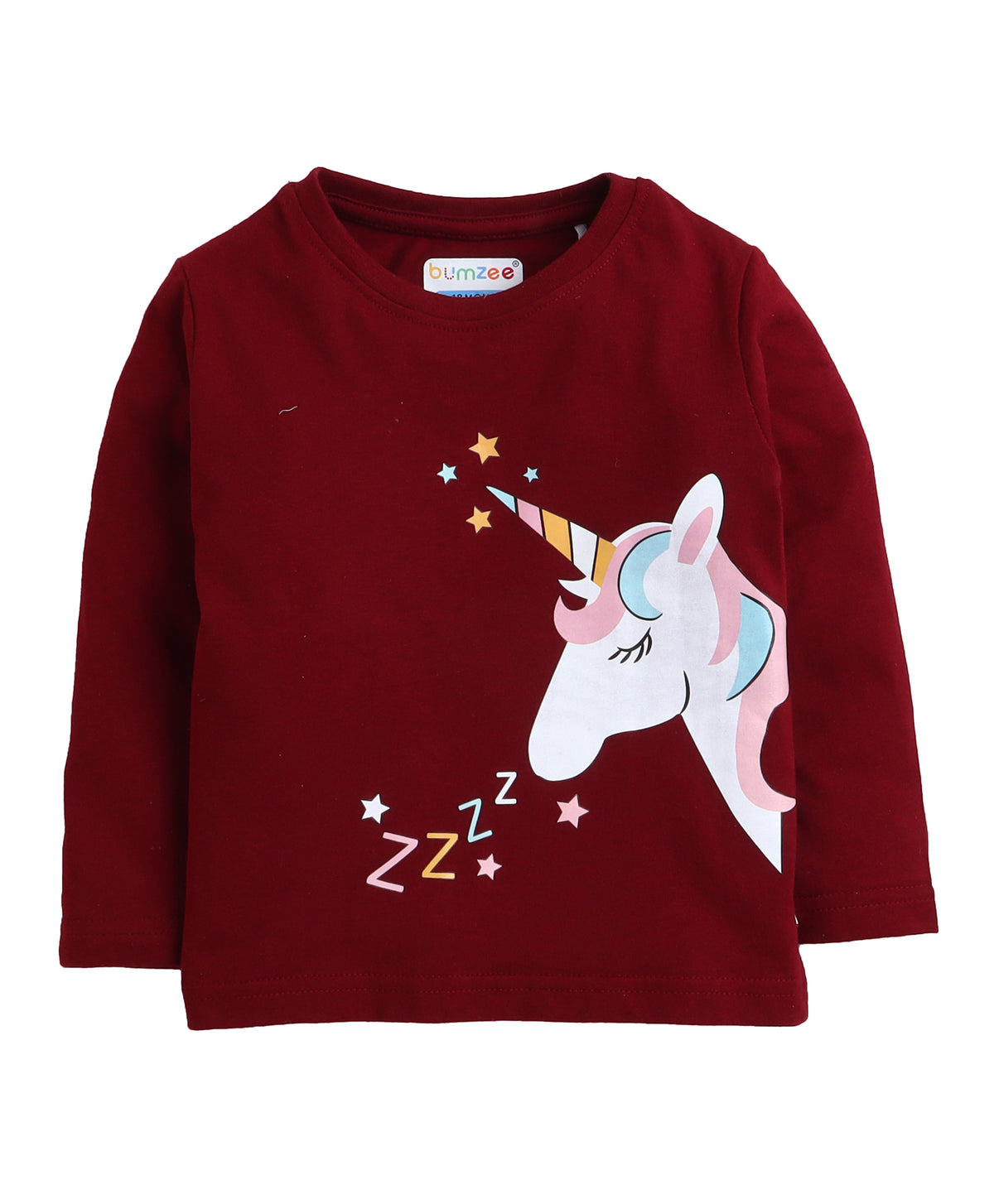 Bumzee Maroon Unicorn Print T-Shirt & Pyjama Set, Full Sleeves, 100% Cotton