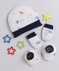 Bumzee White & Navy Animal Print Cap, Mitten & Bootie Set, 100% Cotton