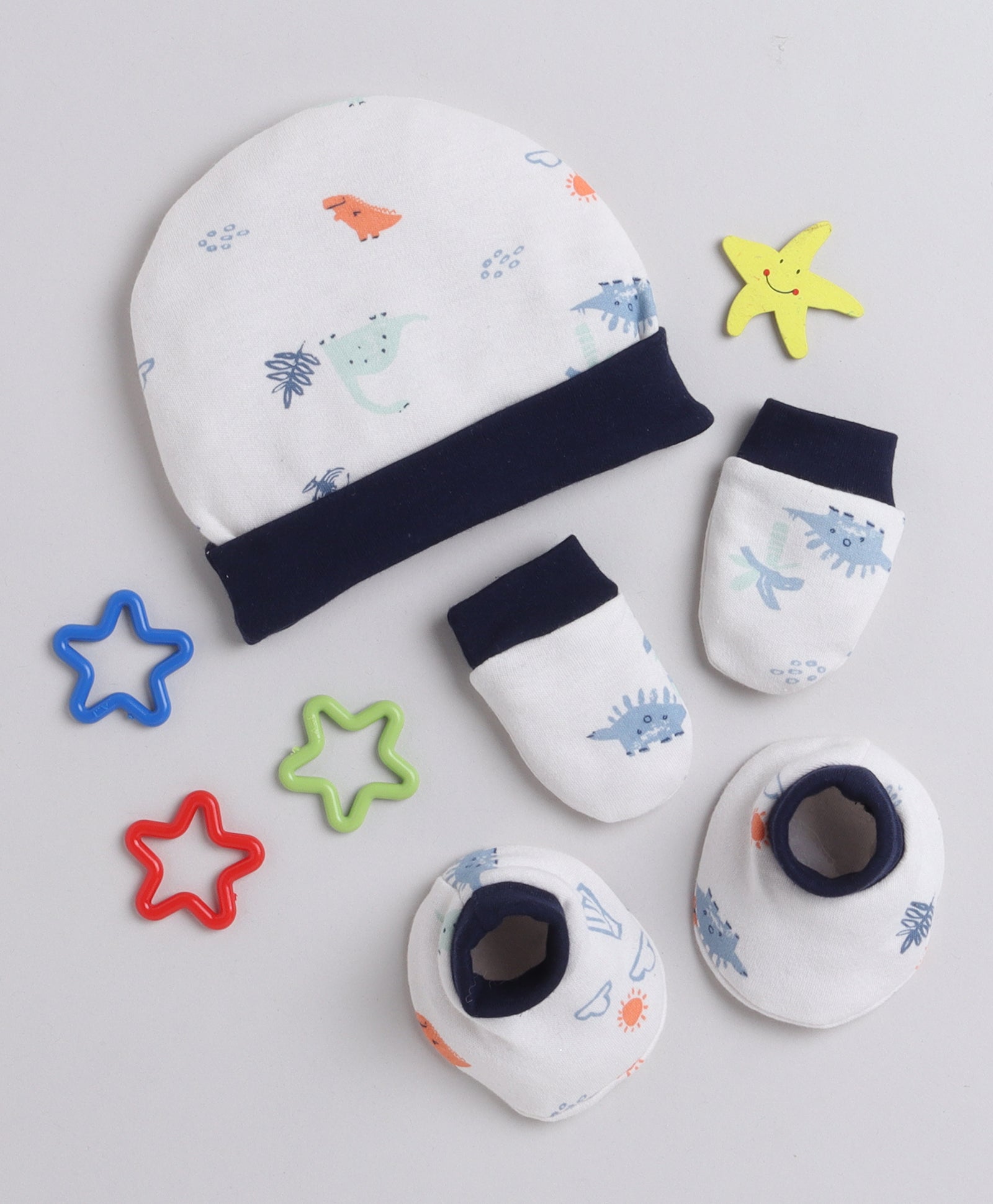 White & Navy Boys Cotton Cap Mitten Bootie Set