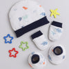 White & Navy Boys Cotton Cap Mitten Bootie Set