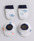 Bumzee White & Navy Animal Print Cap, Mitten & Bootie Set, 100% Cotton