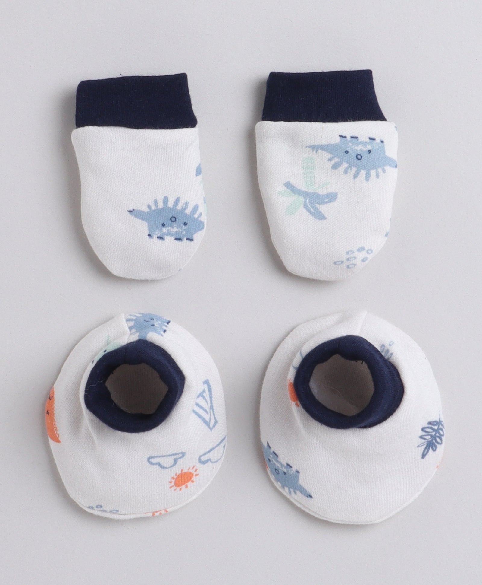 White & Navy Boys Cotton Cap Mitten Bootie Set