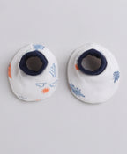 Bumzee White & Navy Animal Print Cap, Mitten & Bootie Set, 100% Cotton
