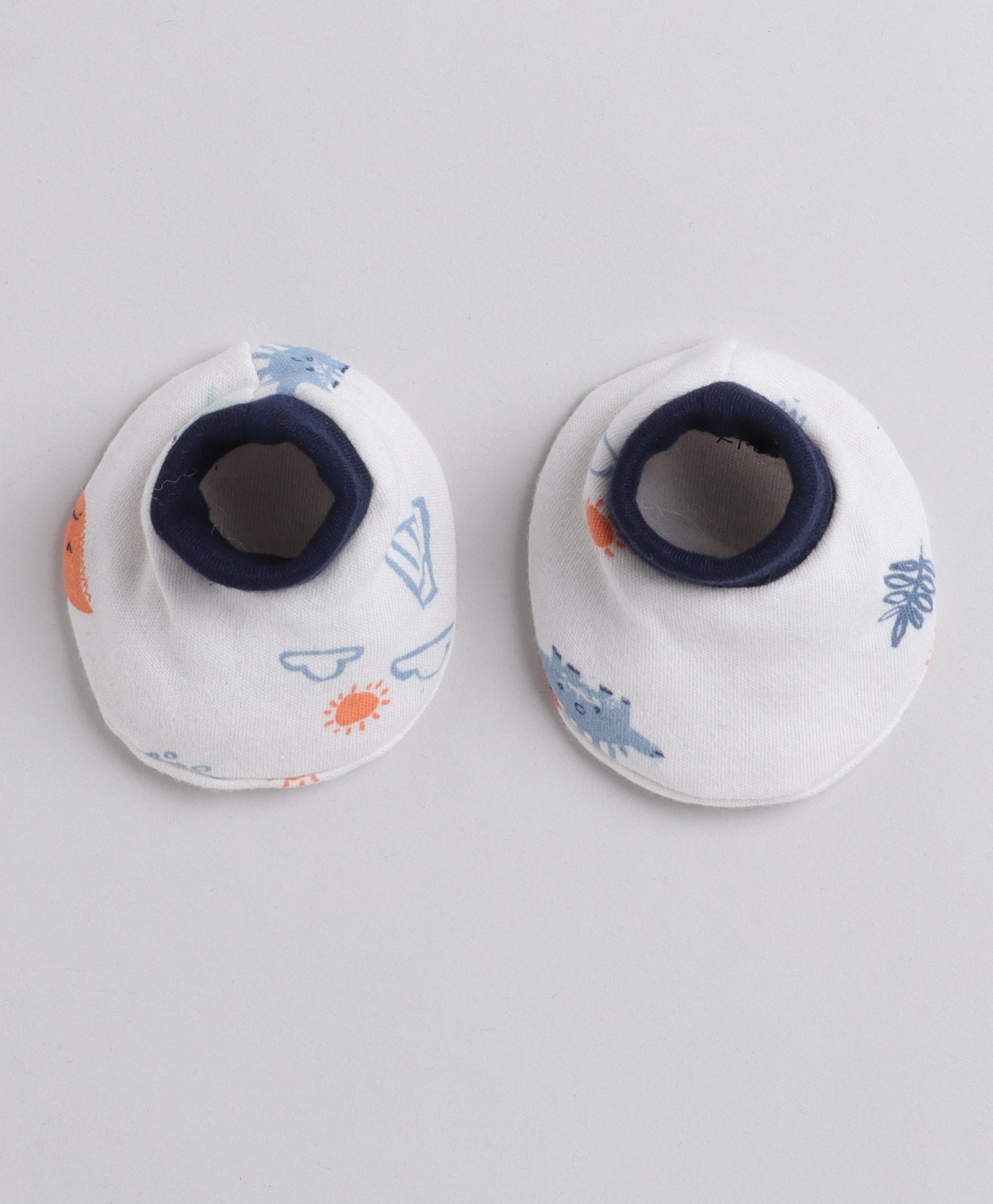 White & Navy Boys Cotton Cap Mitten Bootie Set