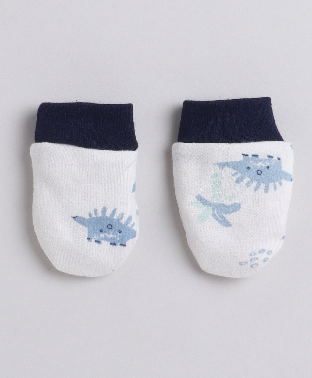 Bumzee White & Navy Animal Print Cap, Mitten & Bootie Set, 100% Cotton
