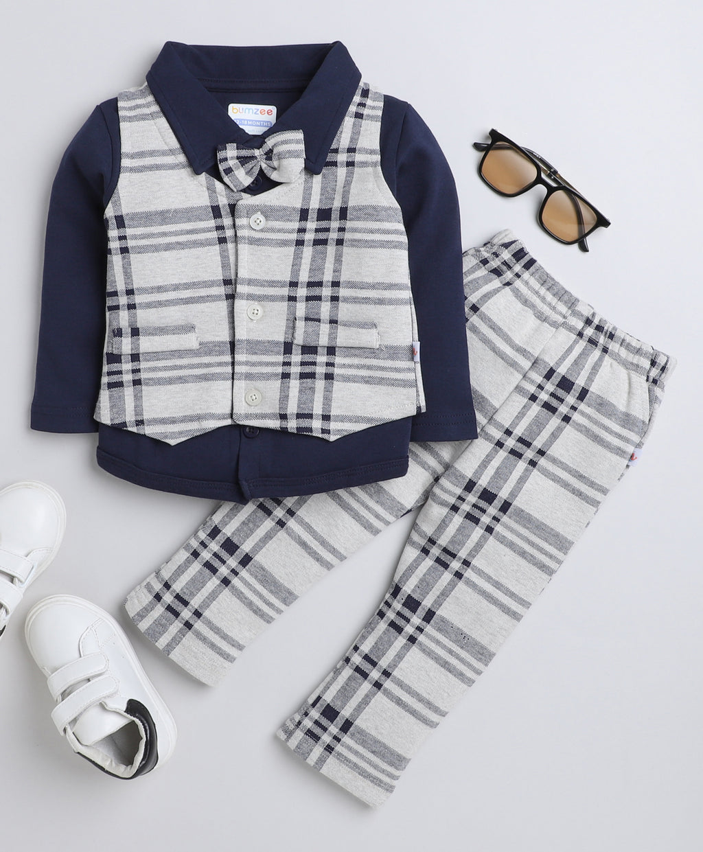 Bumzee Beige & Navy Checked Formal Set, Full Sleeves, 100% Cotton