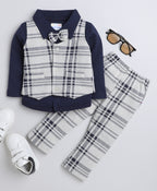 Bumzee Beige & Navy Checked Formal Set, Full Sleeves, 100% Cotton