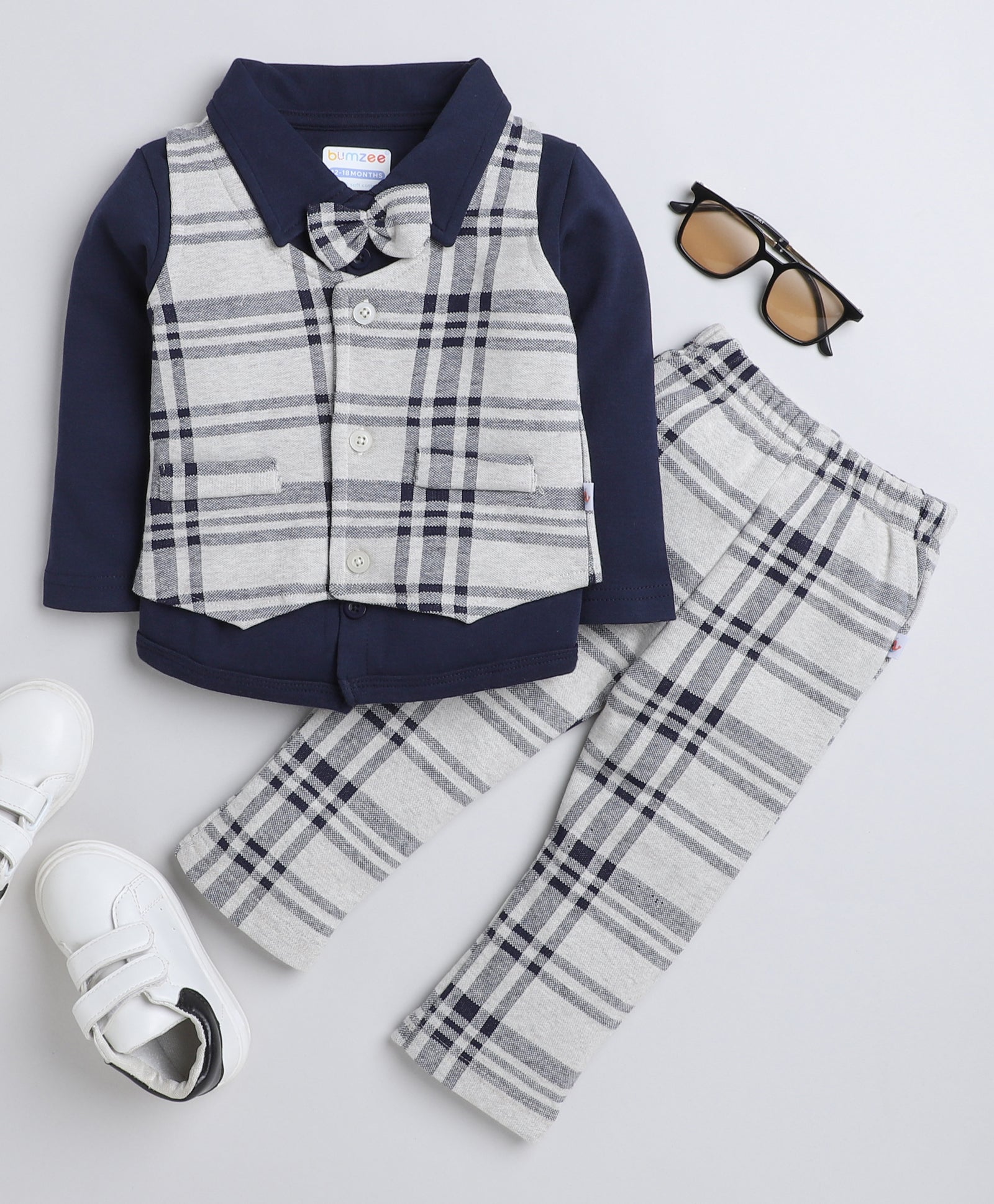 Beige & Navy Boys Full Sleeves Shirt Waistcoat & Pant Set With Applique Bow